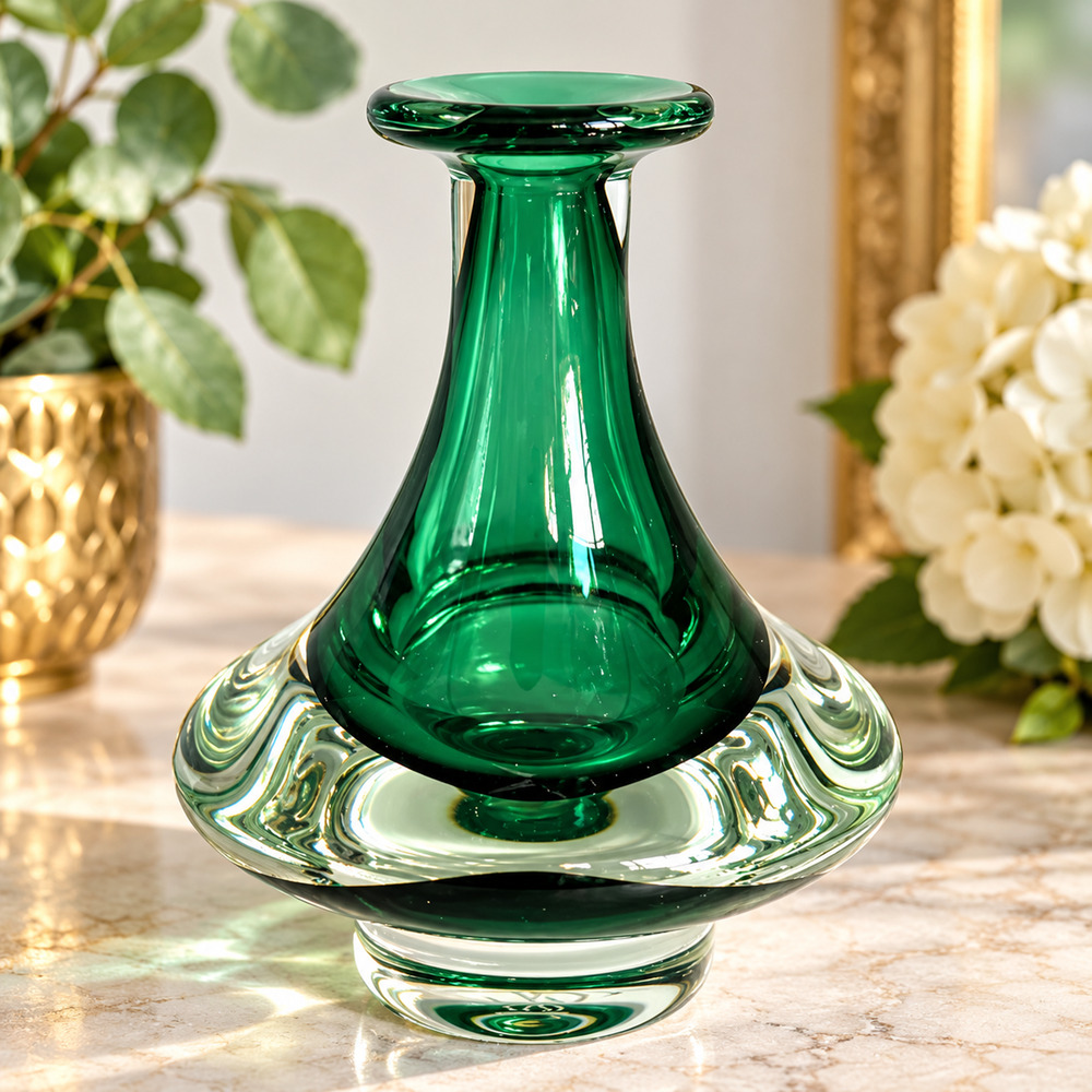 Vintage Jan Benda Krystyna Canadian Art Glass Oil Lamp Vase Emerald Signed